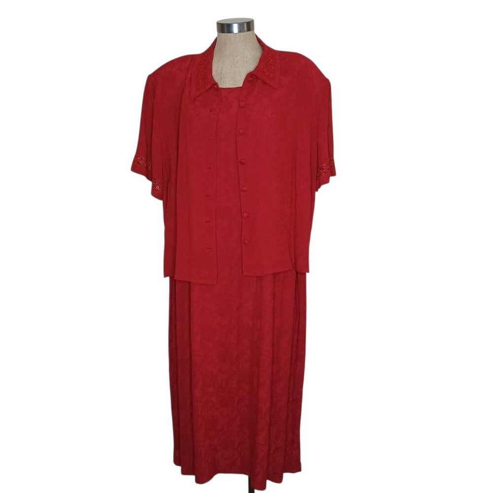 KSL division of Karin Stevens  2 Piece Midi Dress Womens Sz 18W Red w/Overblouse